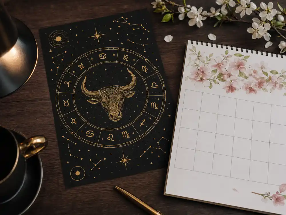 Taurus zodiac chart beside April calendar for how old is Travis Scott — April 30 birth date places him under the Taurus sign in Western astrology