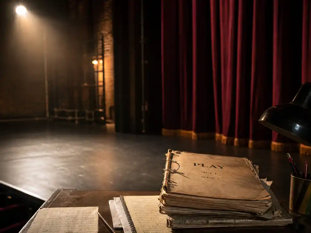 Theater stage with velvet curtains reflecting how old is Tyler Perry at industry peak — playwright roots through Madea franchise dominance and studio ownership in his fifties