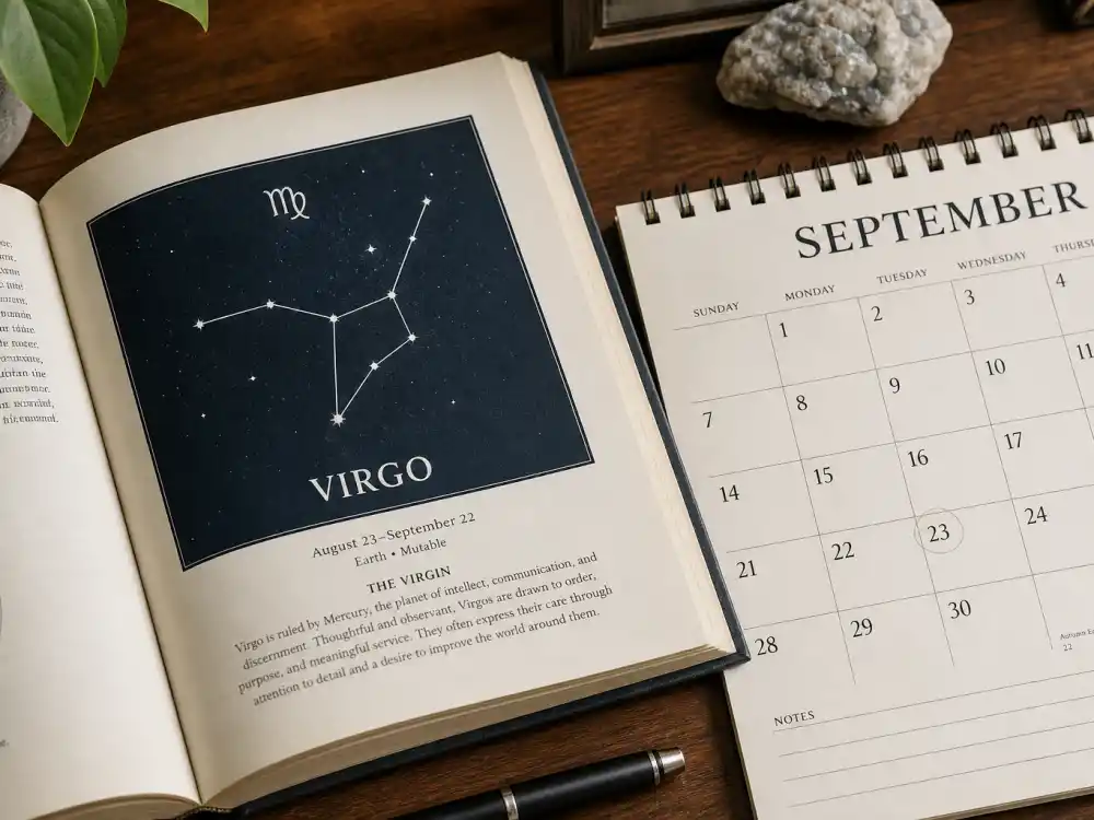 Virgo zodiac chart beside September calendar for how old is Tyler Perry — September 13 birth date places him under the Virgo sign in Western astrology