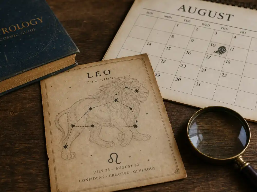 Leo zodiac chart beside August calendar for how old is Viola Davis — August 11 birth date places her under the Leo sign in Western astrology