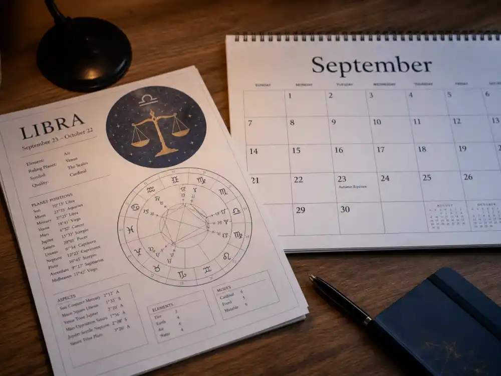 Libra zodiac chart beside September calendar for how old is Will Smith — September 25 birth date places him under the Libra sign in Western astrology
