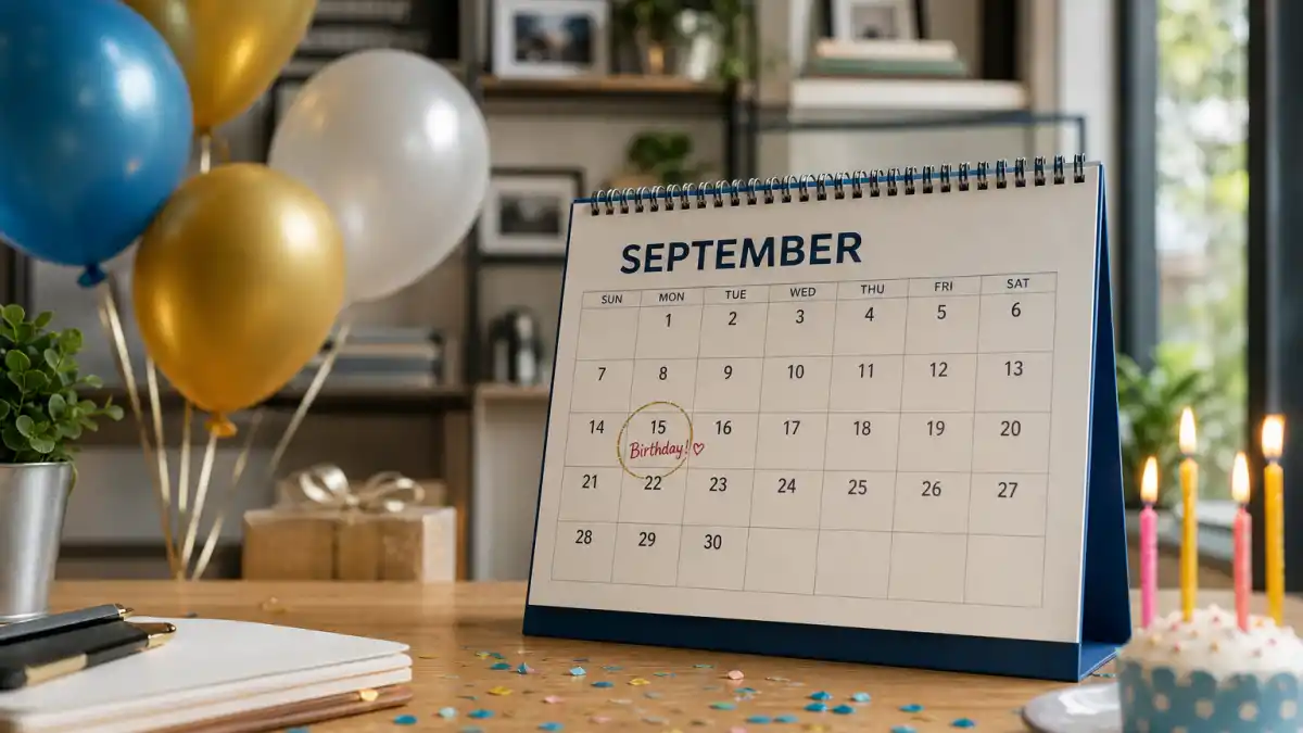 How old is Zendaya — desk calendar open to September with birthday decorations marking her Virgo birth date