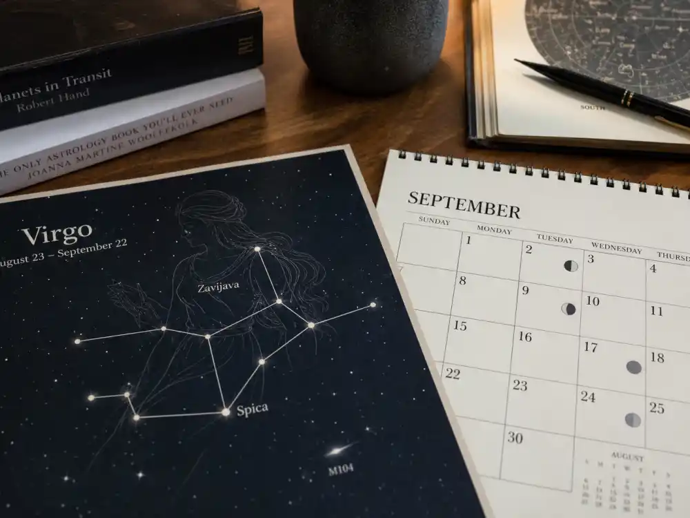 Virgo zodiac chart beside September calendar for how old is Zendaya — September 1 birth date places her under the Virgo sign in Western astrology