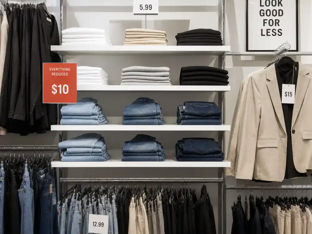 Affordable fashion basics on store shelf supporting how to dress like a celebrity on budget foundation pieces