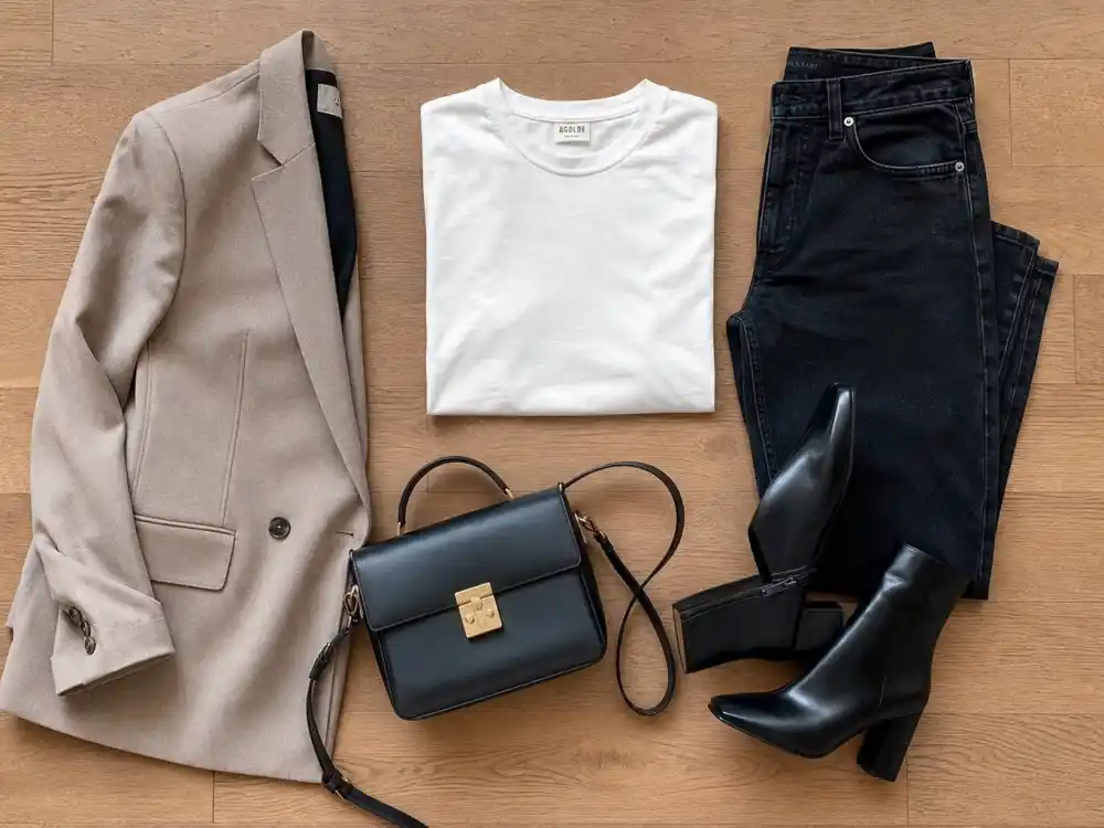 Neutral capsule wardrobe flat lay defining how to dress like a celebrity on budget mix-and-match essentials