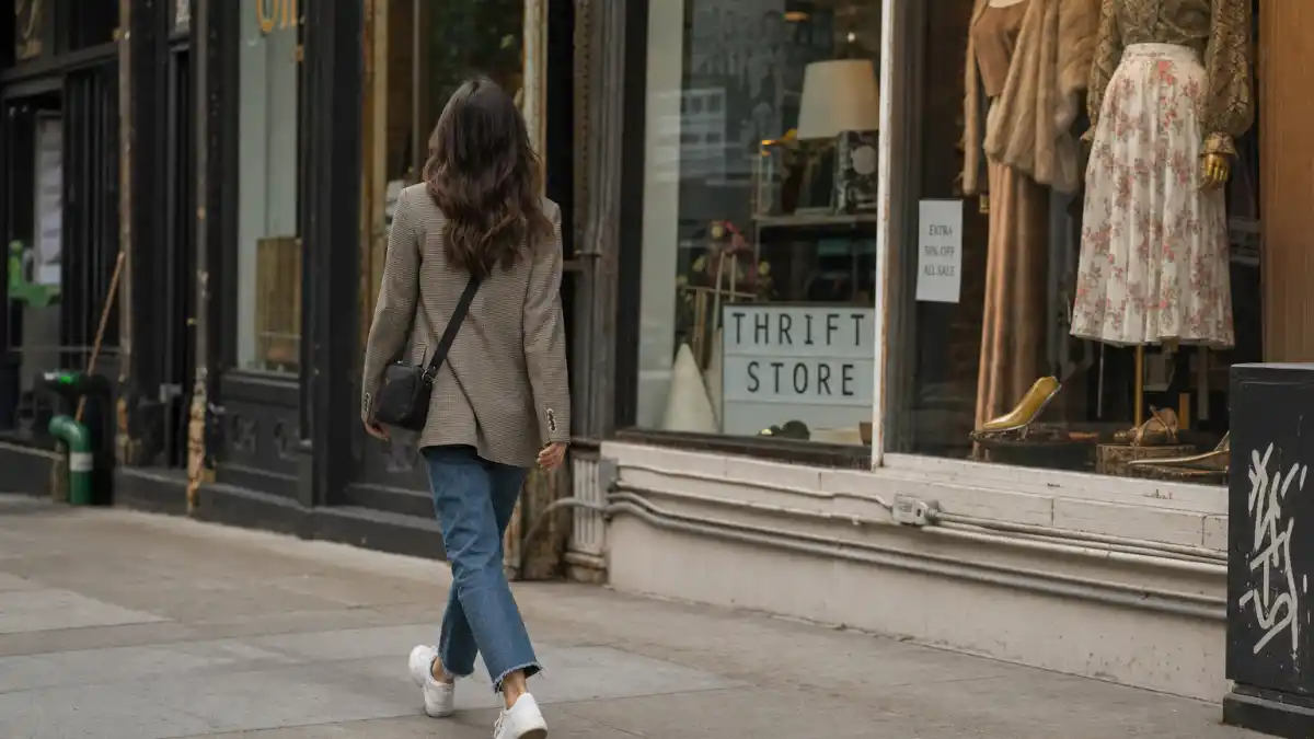 How to dress like a celebrity on budget — tailored check blazer straight jeans white sneakers and crossbody bag walking past thrift store window seen from behind