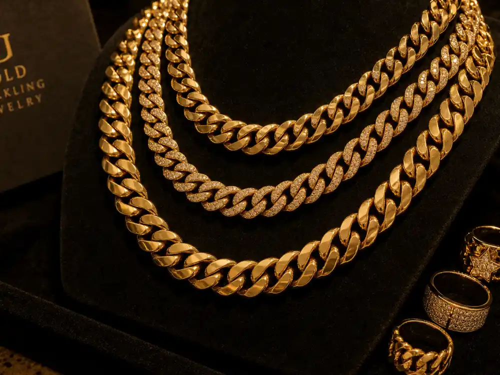 Layered gold Cuban link chains defining how to dress like A$AP Rocky streetwear style jewelry discipline