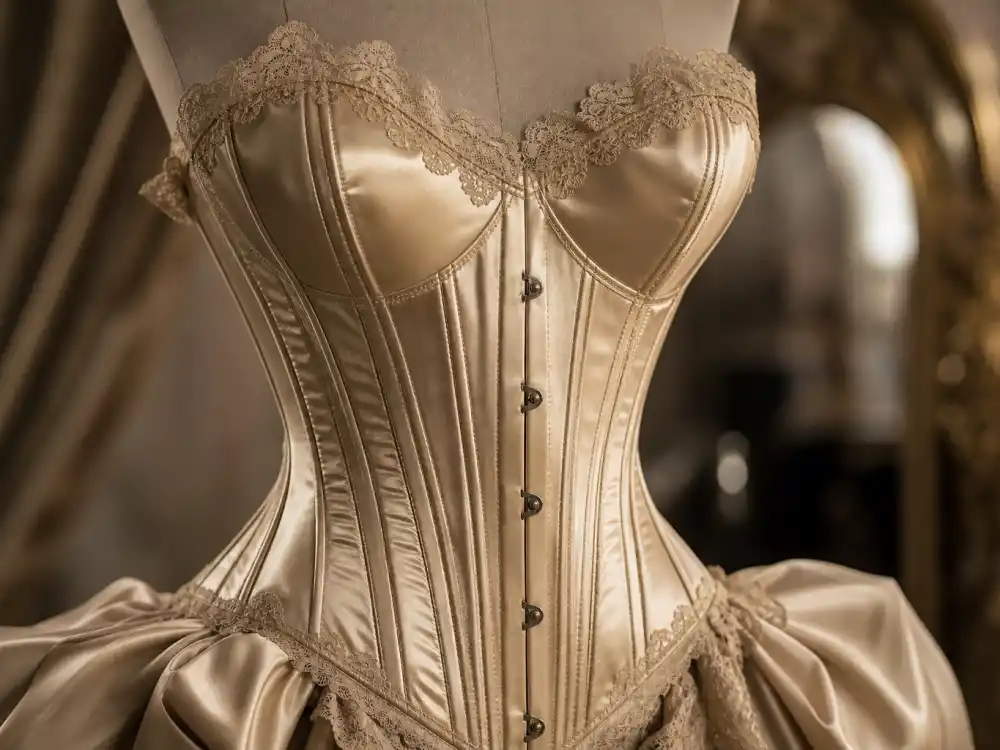 Structured vintage corset bodice central to how to dress like Anya Taylor-Joy vintage glamour waist definition codes