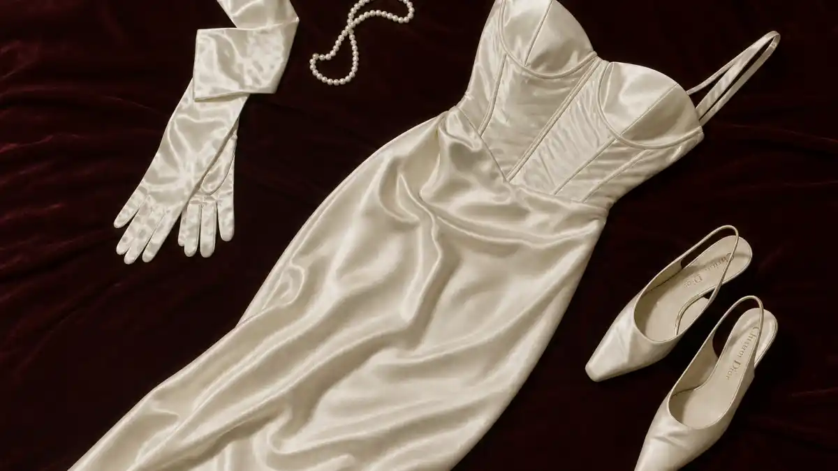 How to dress like Anya Taylor Joy vintage glamour — ivory satin column dress, structured corset bodice, pearl necklace, opera gloves, and kitten heels flat lay in Old Hollywood style