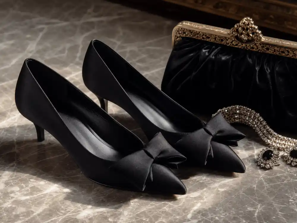 Black satin kitten heel pumps finishing how to dress like Anya Taylor-Joy vintage glamour footwear layer