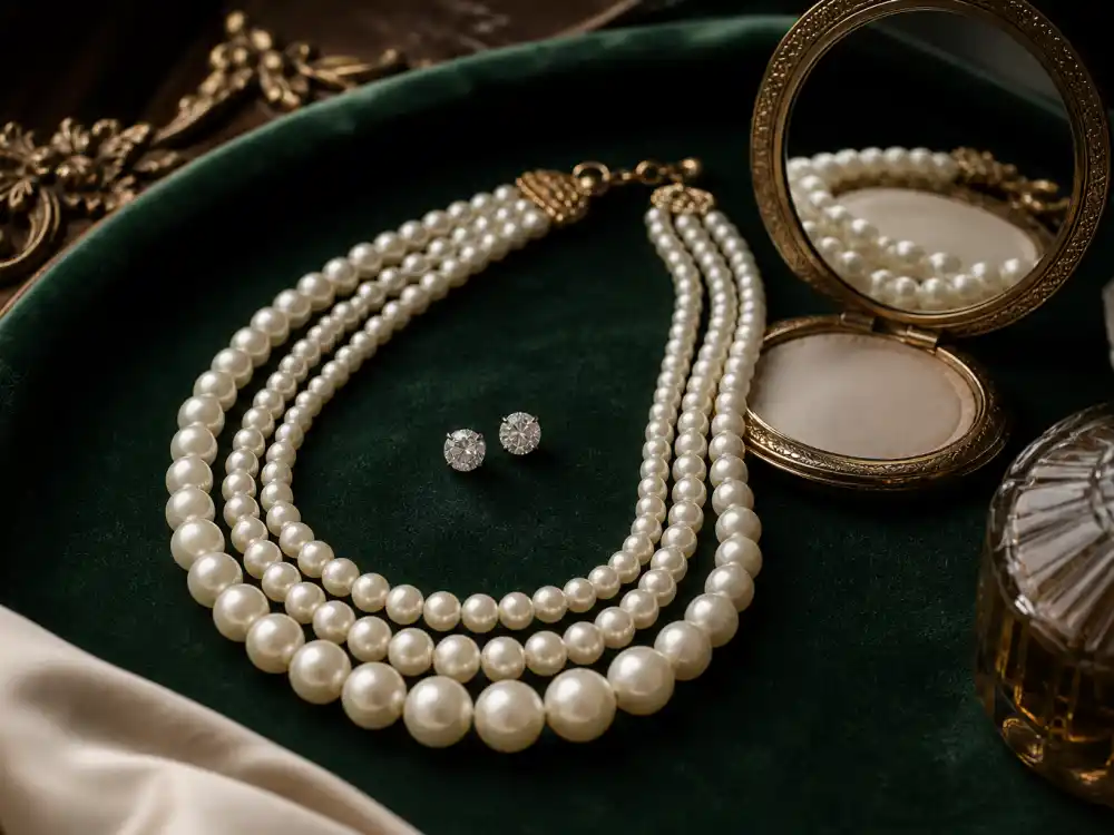 Layered pearl necklace and diamond studs defining how to dress like Anya Taylor-Joy vintage glamour jewelry finish