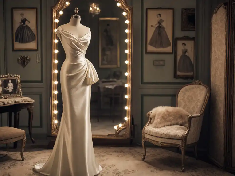 Ivory satin column evening gown on mannequin defining how to dress like Anya Taylor-Joy vintage glamour silhouette rotation