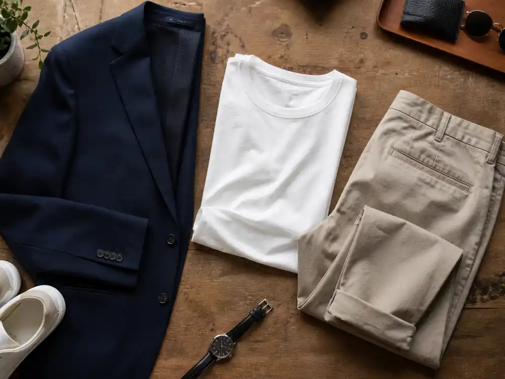 Navy tailored blazer flat lay central to how to dress like David Beckham smart casual blazer-over-tee foundation