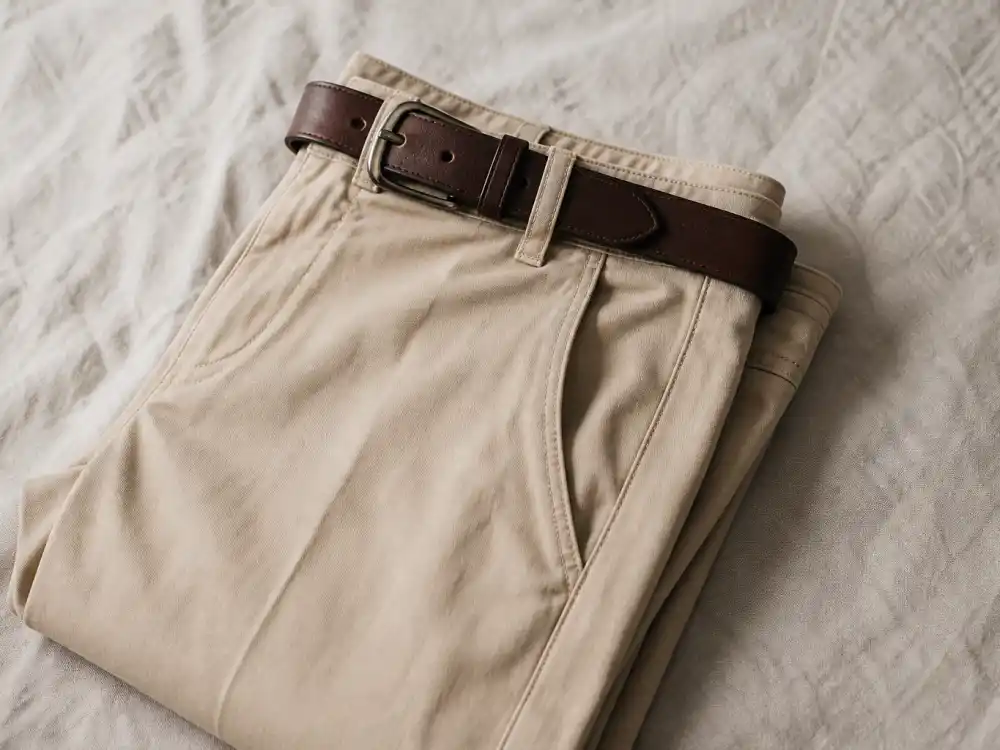 Slim beige chinos with leather belt showing how to dress like David Beckham smart casual tailored trouser rotation