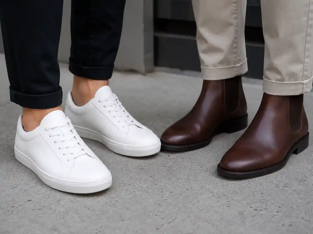 White sneakers and Chelsea boots finishing how to dress like David Beckham smart casual footwear discipline