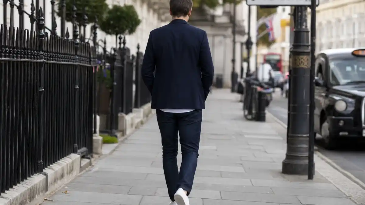 How to dress like David Beckham smart casual — navy blazer white tee slim jeans white sneakers on London sidewalk seen from behind