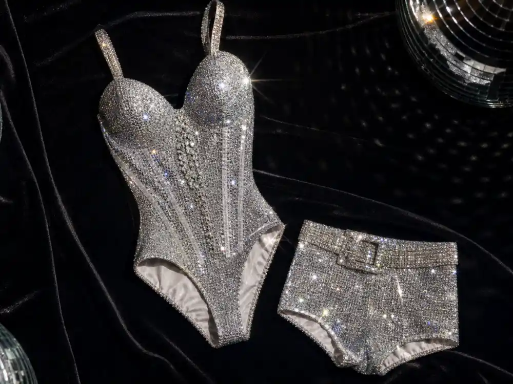 Silver sequin bodysuit flat lay central to how to dress like Dua Lipa stage style signature silhouette codes