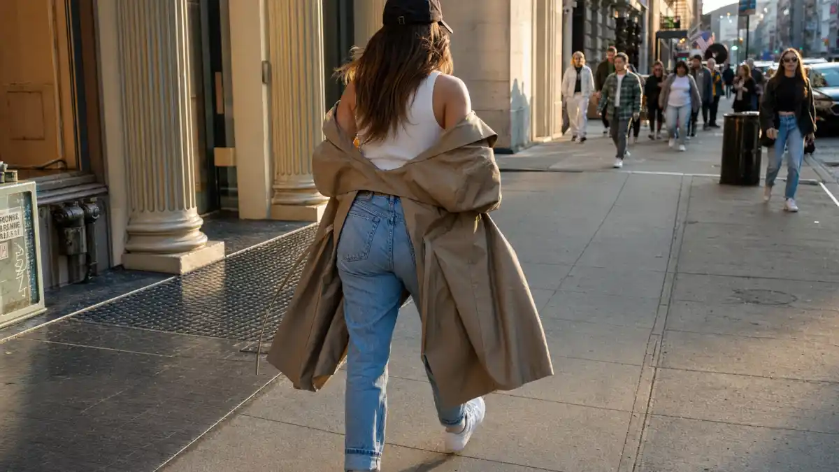 How to dress like Gigi Hadid street style — camel trench coat mom jeans white sneakers and crossbody bag on NYC sidewalk seen from behind