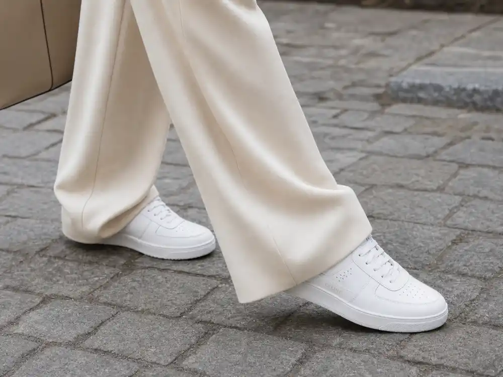Pristine white leather sneakers with cream trousers showing how to dress like Gigi Hadid street style elevated footwear