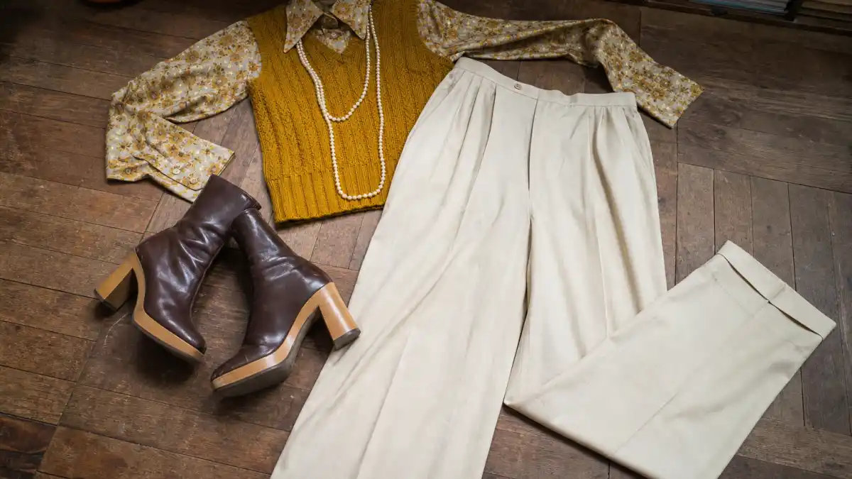 How to dress like Harry Styles vintage fashion — wide-leg pleated trousers, mustard knit vest, floral shirt, platform boots, and pearl necklace flat lay in 70s menswear style