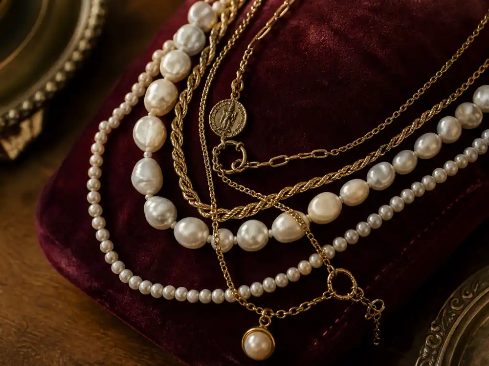 Layered pearl necklaces and vintage chains defining how to dress like Harry Styles vintage fashion accessory finish