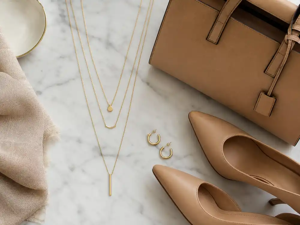Delicate gold jewelry and structured tan tote finishing how to dress like Jennifer Aniston classic style accessory layer