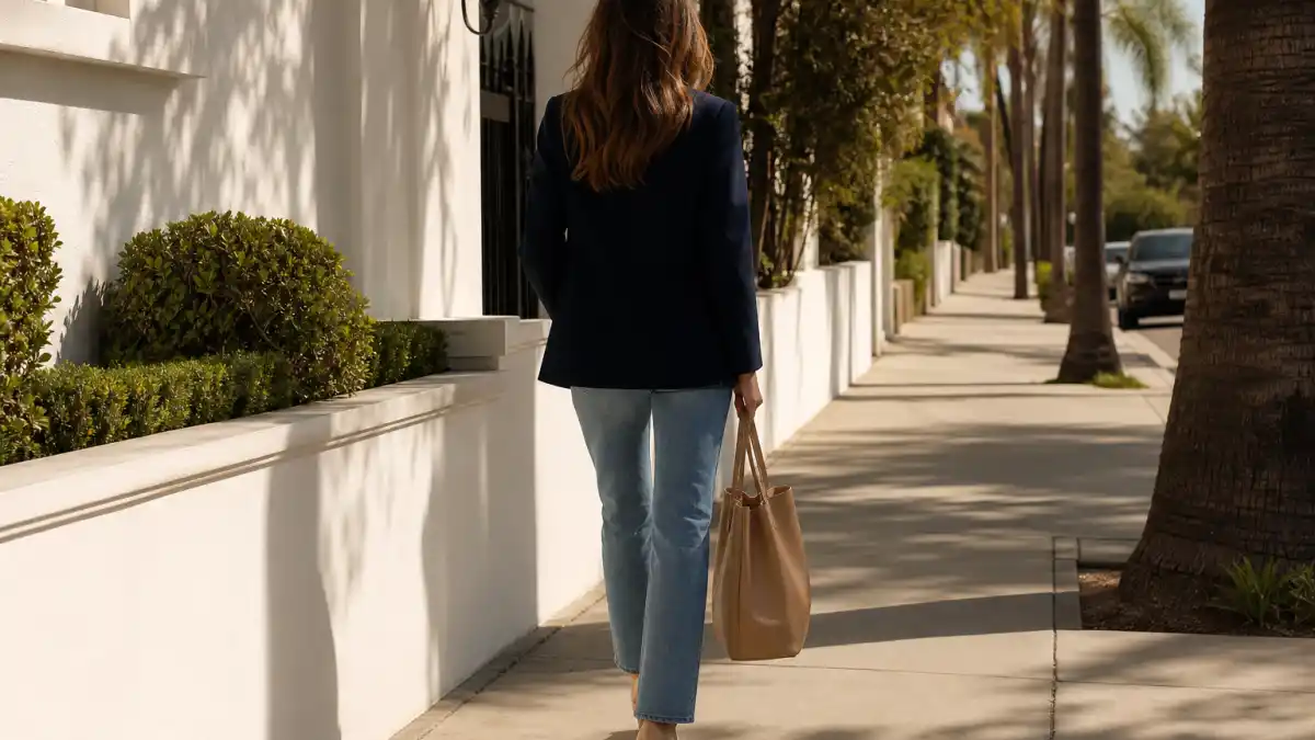 How to dress like Jennifer Aniston classic style — navy blazer straight-leg jeans and nude heels on sunny California sidewalk seen from behind