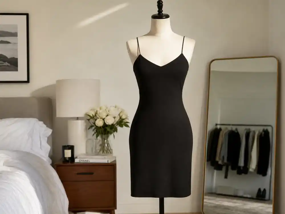 Little black slip dress behind how to dress like Jennifer Aniston classic style evening wardrobe essential