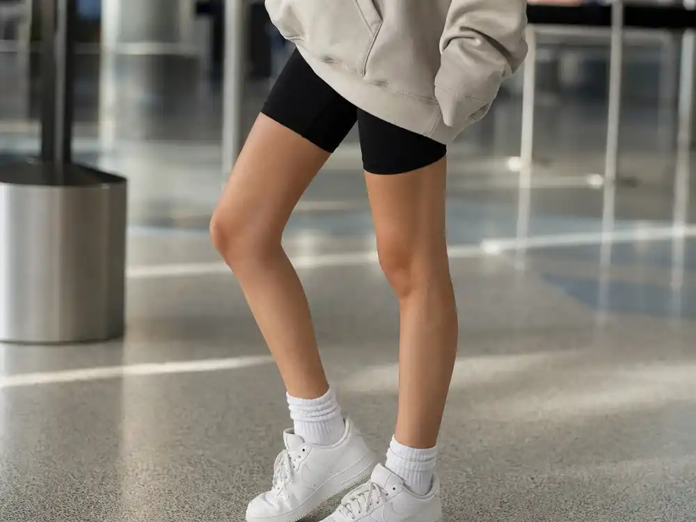 Black biker shorts with oversized hoodie hem defining how to dress like Kendall Jenner airport style proportion play