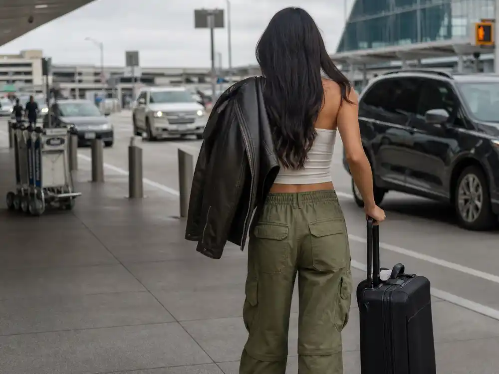 Olive cargo pants and leather jacket rotation behind how to dress like Kendall Jenner airport style utility dressing