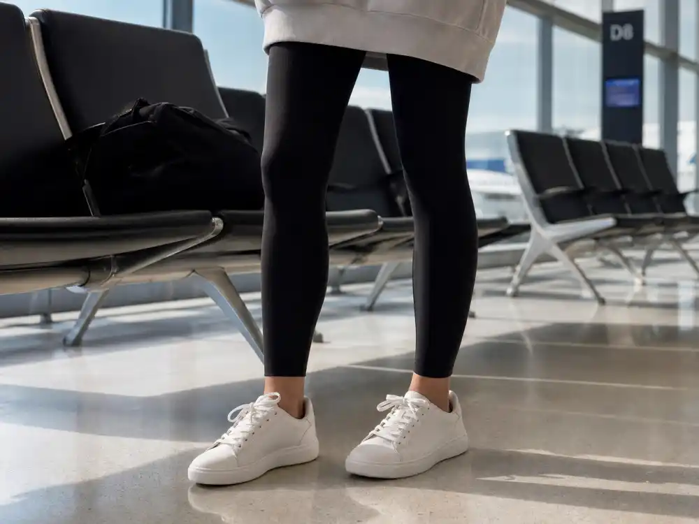 Pristine white sneakers with leggings showing how to dress like Kendall Jenner airport style elevated athletic footwear