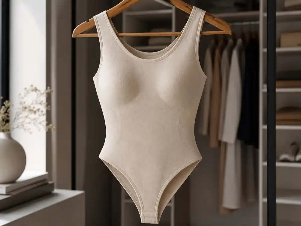 Neutral beige seamless bodysuit base layer central to how to dress like Kim Kardashian casual sculpting codes