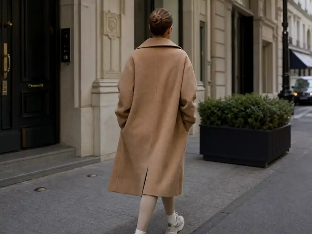Oversized camel wool coat over beige leggings defining how to dress like Kim Kardashian casual layering rotation