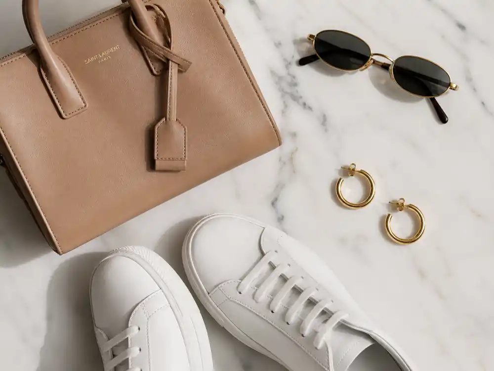 Sleek white sneakers tiny sunglasses and nude mini bag finishing how to dress like Kim Kardashian casual accessory layer