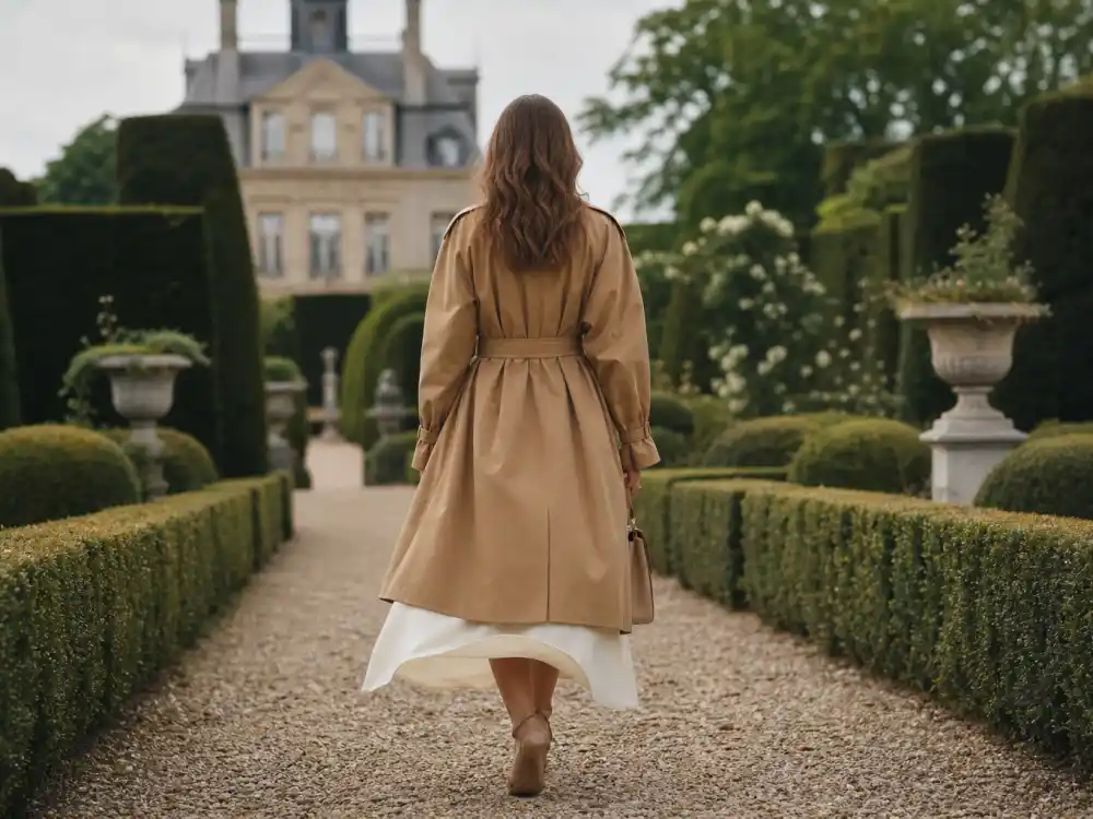 Belted camel trench over white midi dress defining how to dress like Meghan Markle royal style waistline proportion