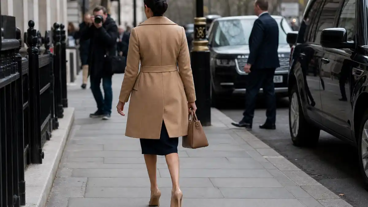 How to dress like Meghan Markle royal style — camel wrap coat navy sheath dress nude pumps on London sidewalk seen from behind