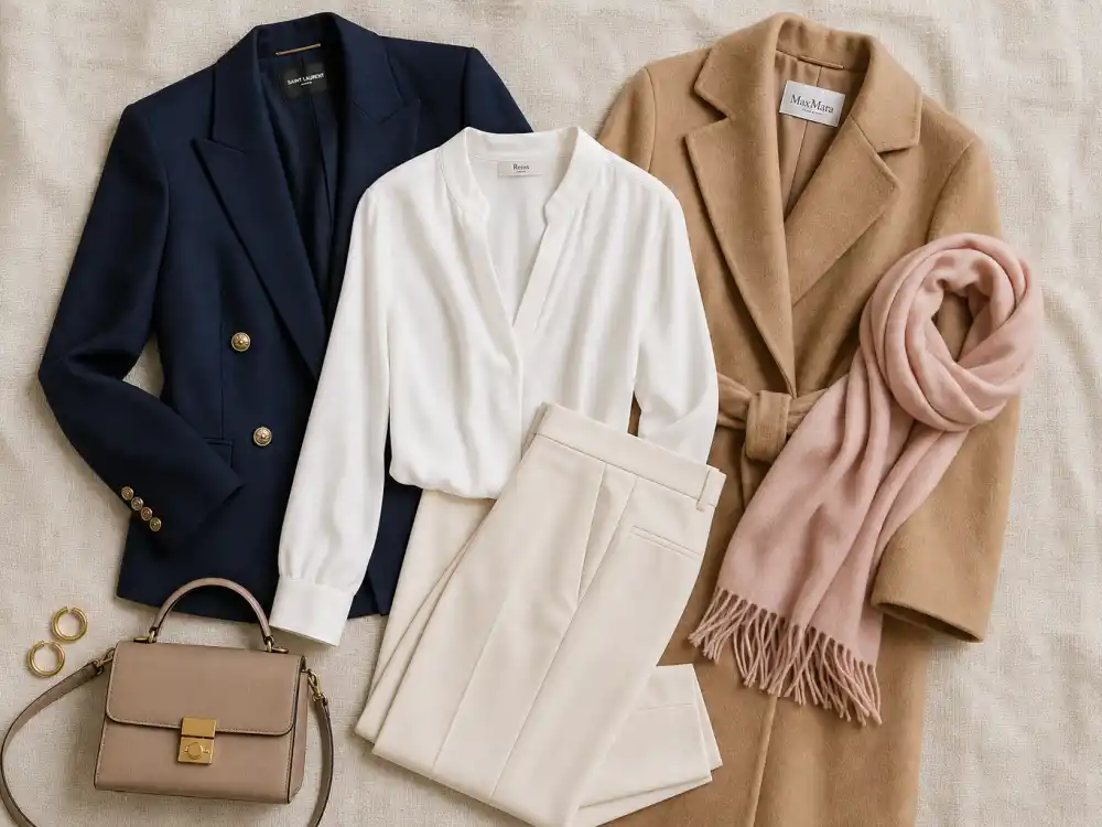 Navy camel white and blush neutral palette behind how to dress like Meghan Markle royal style color discipline