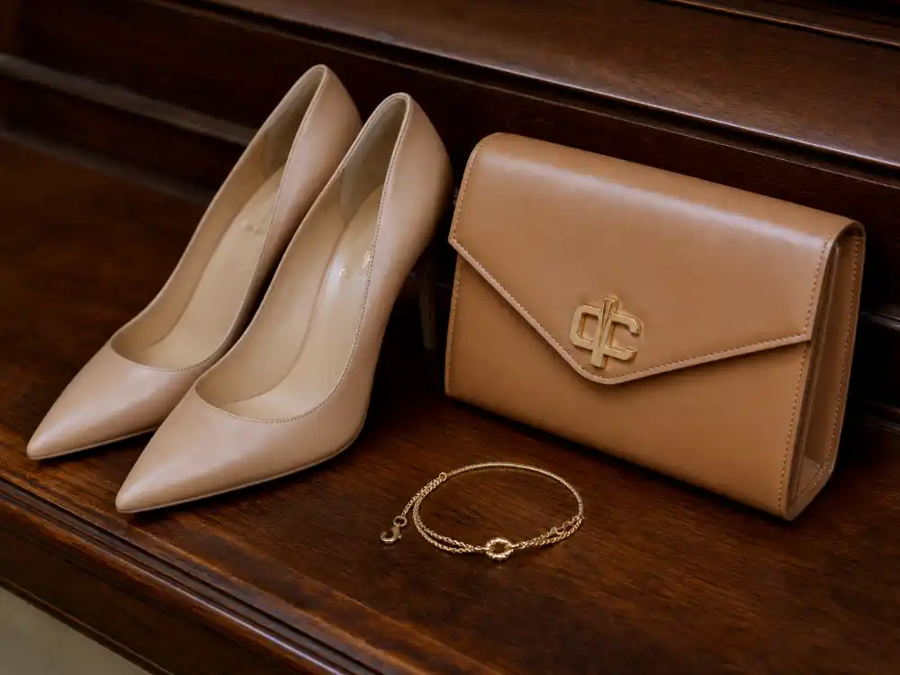 Nude pointed-toe pumps and structured clutch finishing how to dress like Meghan Markle royal style accessory layer