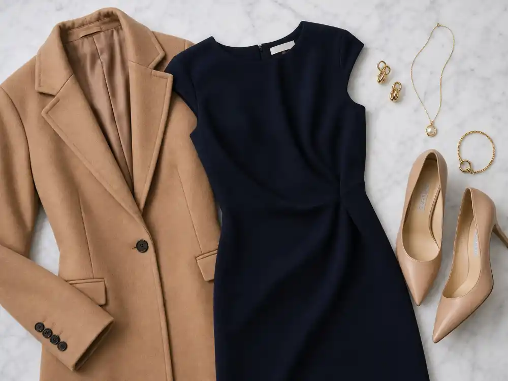 Camel wool tailored wrap coat flat lay central to how to dress like Meghan Markle royal style coat codes