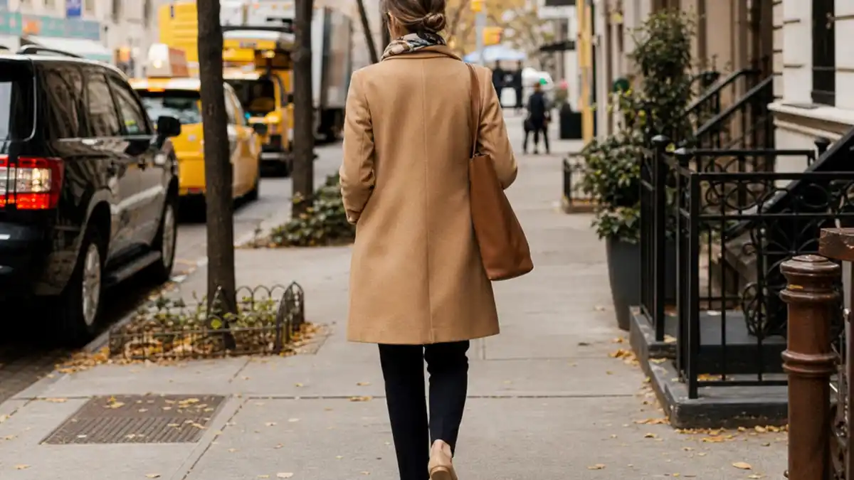 How to dress like Olivia Palermo street style — camel tailored coat silk scarf pointed flats and structured tote on NYC sidewalk seen from behind