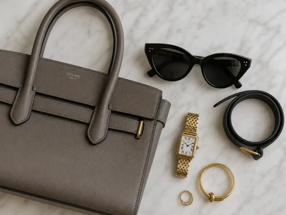 Structured handbag cat-eye sunglasses and leather belt accessories for how to dress like Olivia Palermo street style polish