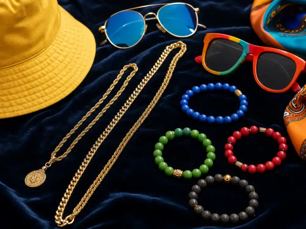 Gold chains beaded bracelets and yellow bucket hat defining how to dress like Pharrell Williams colorful style accessory finish