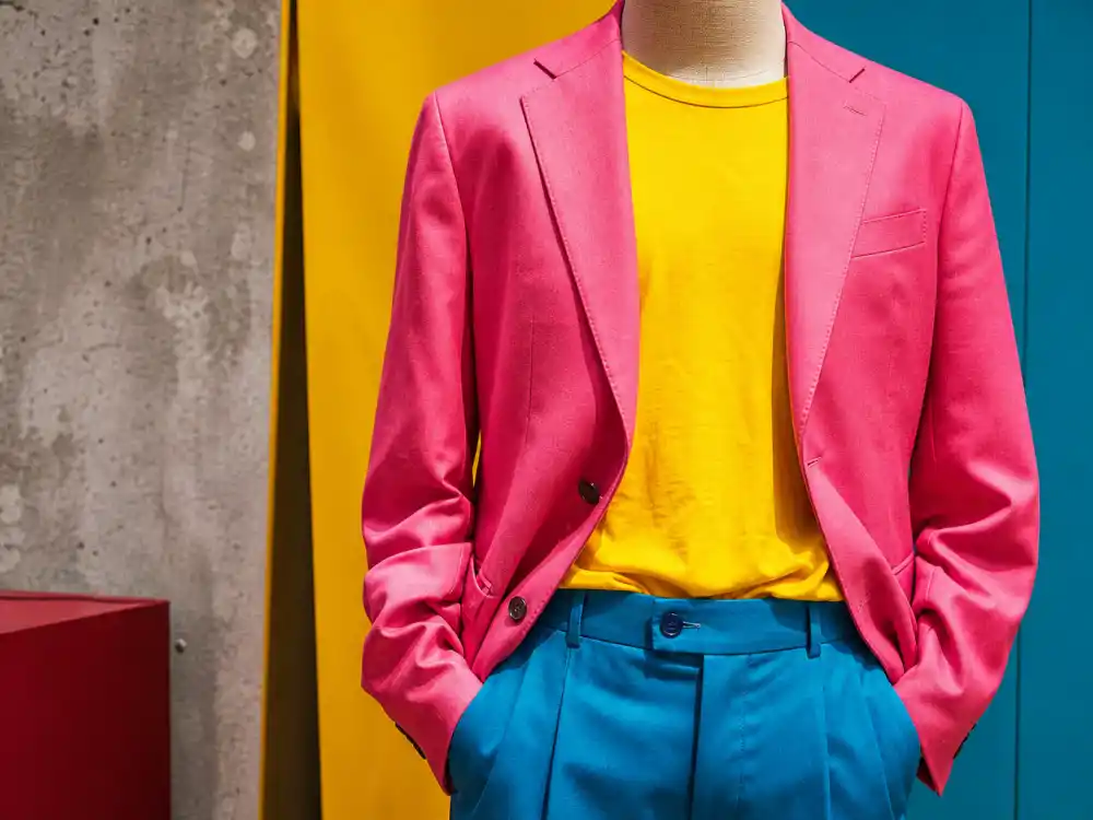 Pink blazer yellow tee and teal trousers color blocking defining how to dress like Pharrell Williams colorful style palette discipline