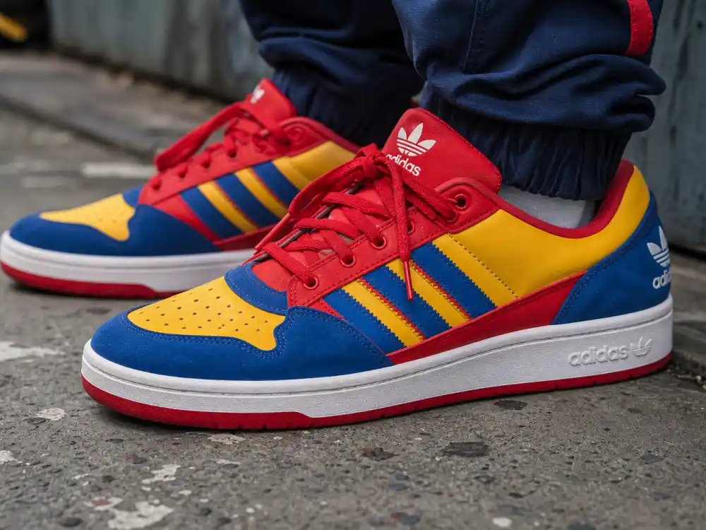 Colorful Adidas-style sneakers on concrete finishing how to dress like Pharrell Williams colorful style footwear layer