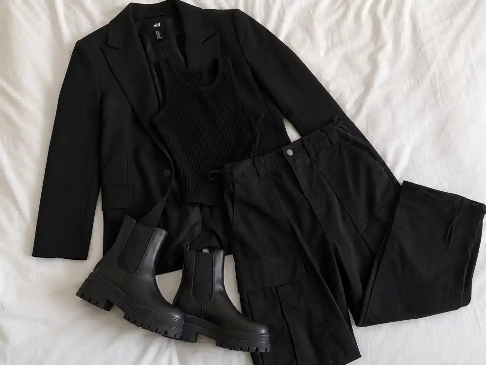 Black monochrome capsule flat lay defining how to dress like Rihanna on a budget affordable uniform pieces
