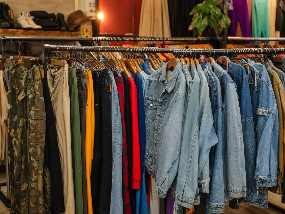 Thrift store denim rack central to how to dress like Rihanna on a budget oversized jacket strategy