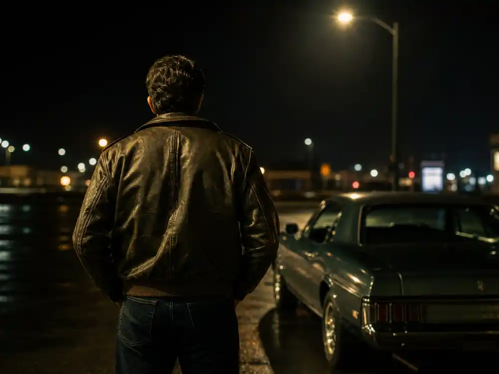 Vintage brown leather jacket over dark denim illustrating how to dress like Ryan Gosling classic menswear off-duty edge