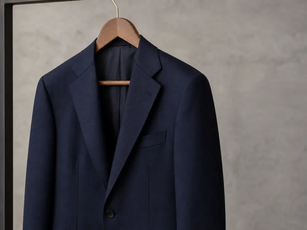 Classic navy wool suit jacket with notch lapels central to how to dress like Ryan Gosling classic menswear tailoring codes