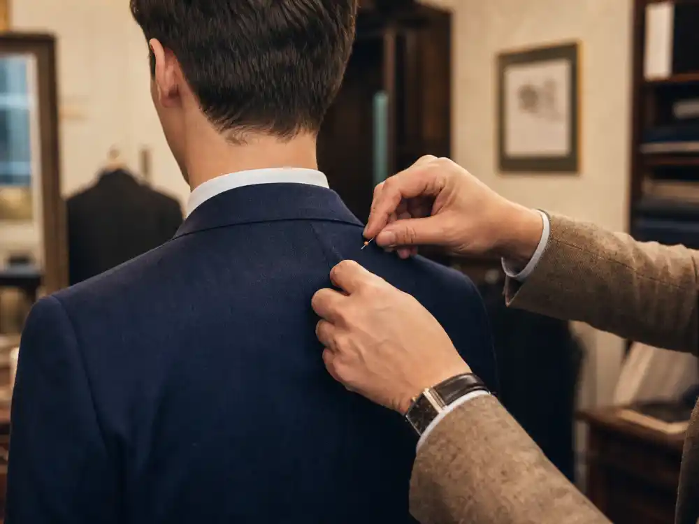 Tailor pinning navy suit lapel behind how to dress like Ryan Gosling classic menswear precision fit preparation