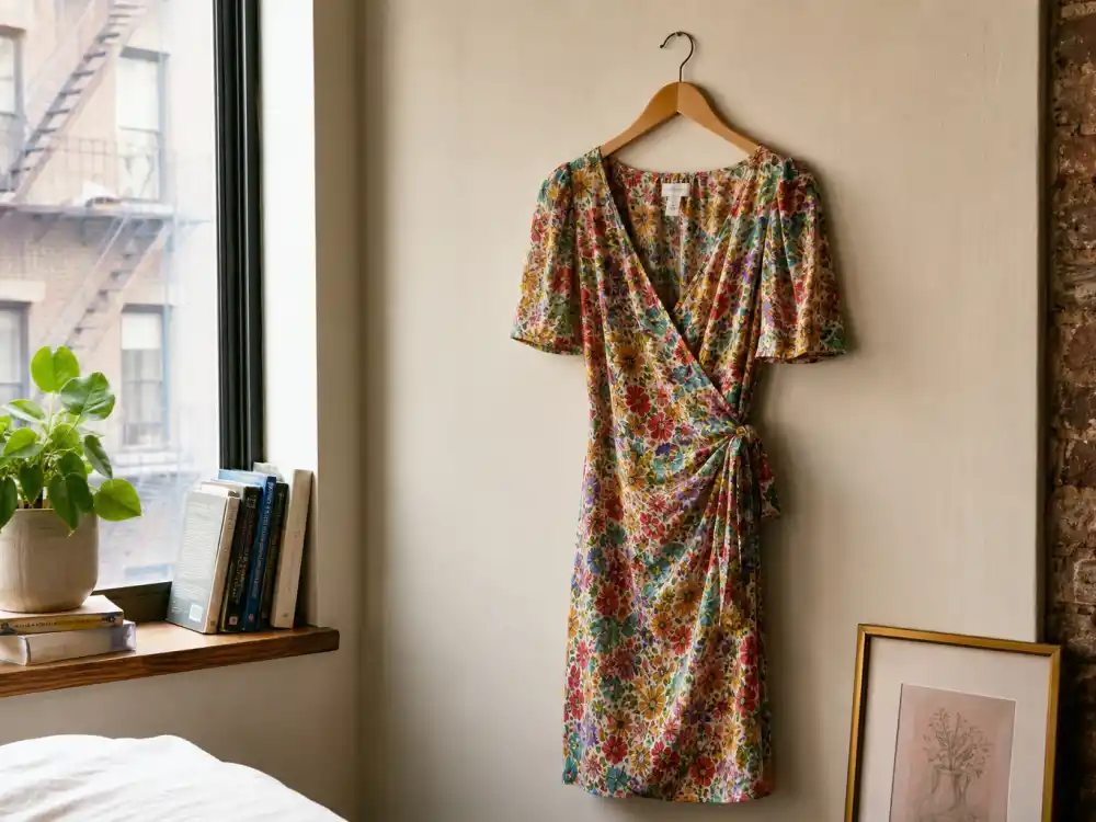 Colorful floral wrap midi dress on hanger showing how to dress like Sarah Jessica Parker city style signature print rotation